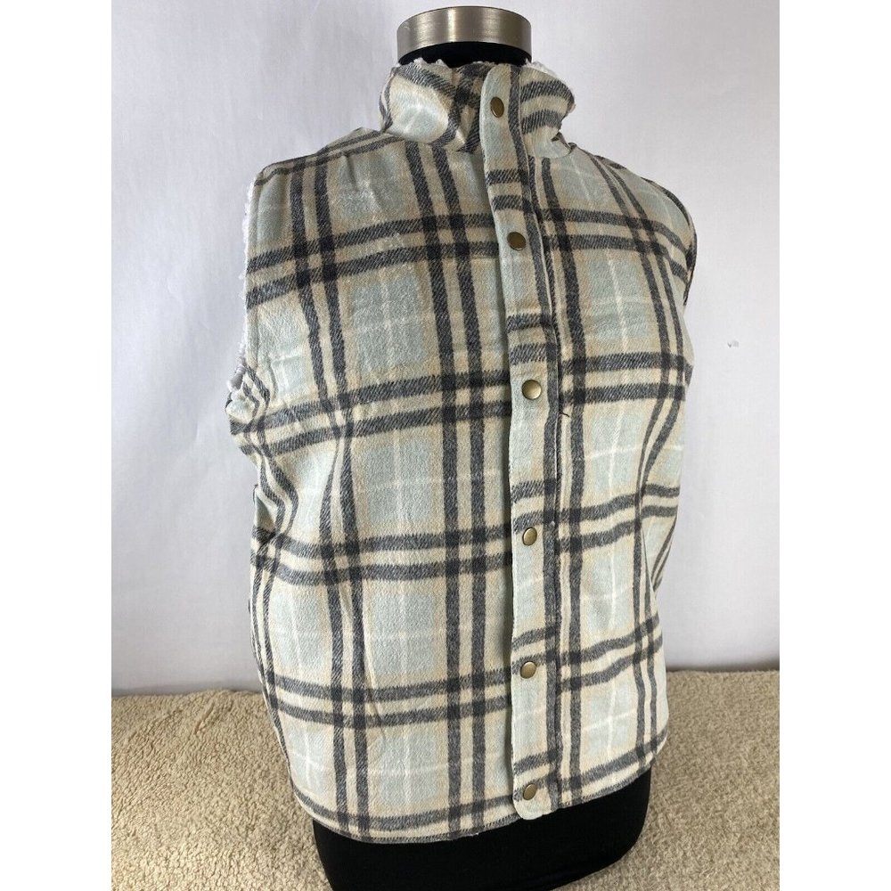 Women's Sz XXL Bluish Green Plaid Fleece Faux Sherpa Lined Full Zip Vest